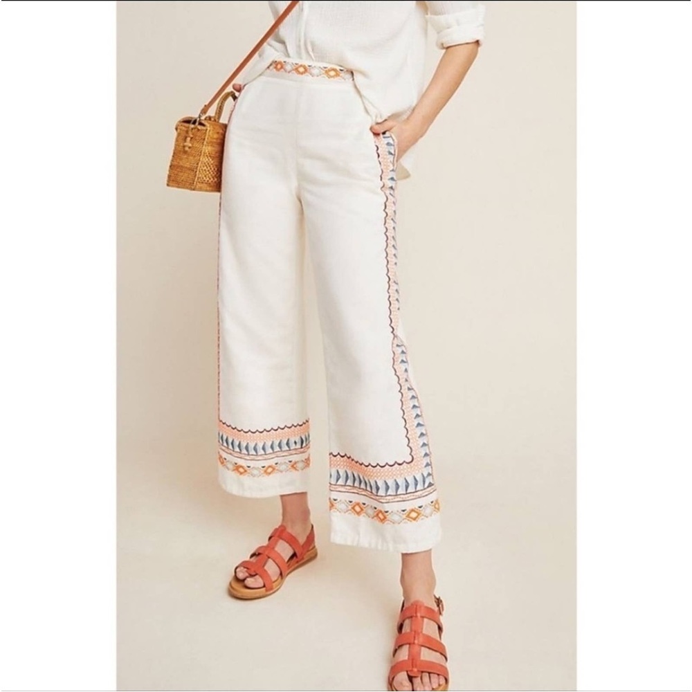 Anthropologie Cream and Orange Embroidered Cropped Pants